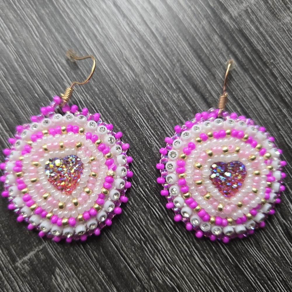 Handmade Beaded Earrings Sparkle Heart